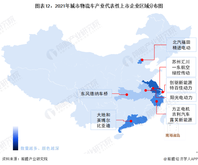 圖表12：2021年城市物流車產業(yè)代表性上市企業(yè)區(qū)域分布圖