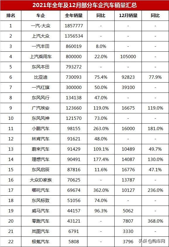 汽車廠商銷量排行榜（22家車企全年銷量排行榜）(11)